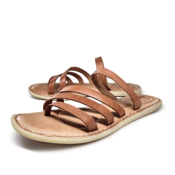 Born Sassafrass Tan Leather Multi-Strap Toe-Post Open-Toe Sandal Slide - Picture 1 of 11